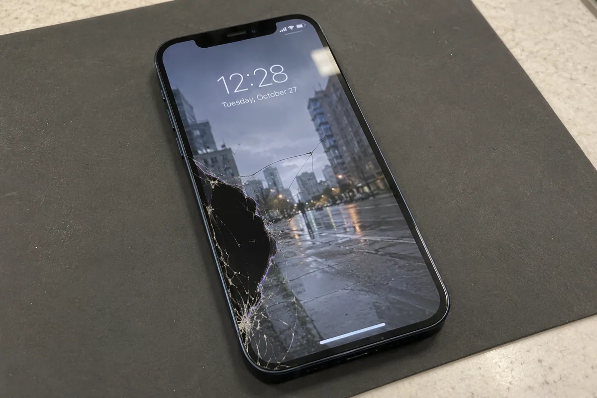 iPhone 12 Pro with cracked front glass and a damaged display area