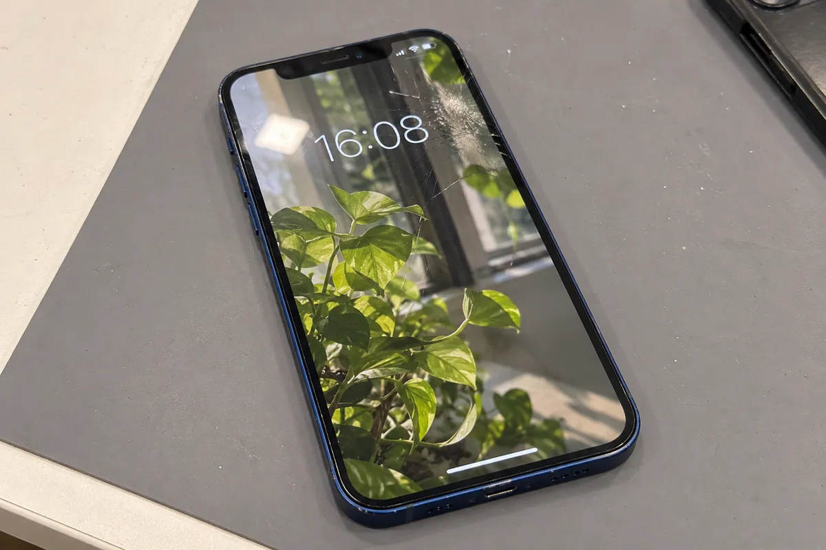 iPhone 12 showing glass damage before a general repair assessment