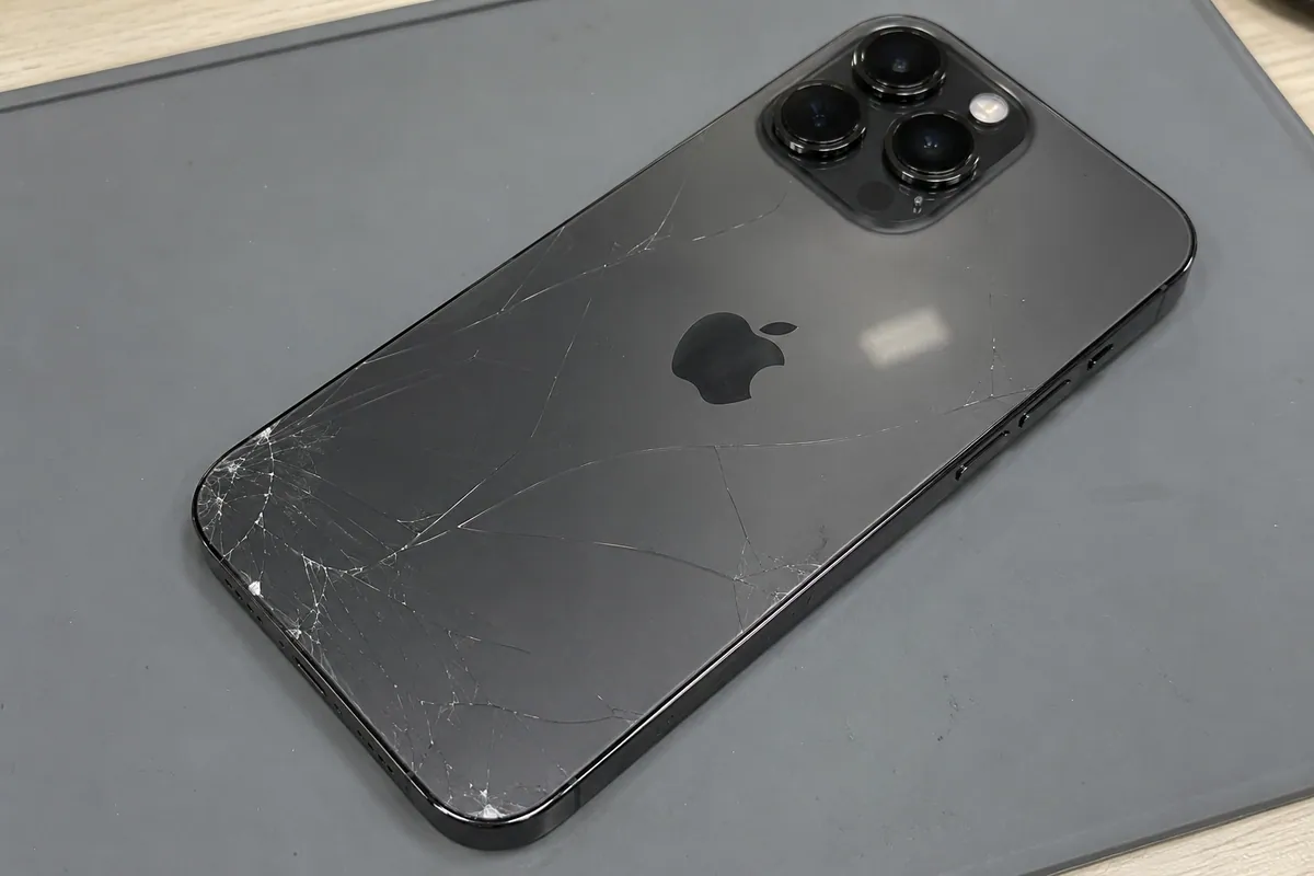iPhone 14 Pro Max with fine rear-glass cracks before repair assessment