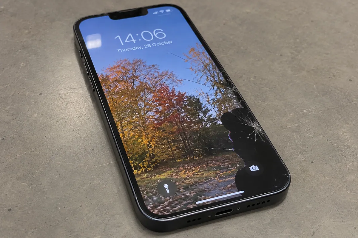 iPhone 13 with cracked front glass and a damaged display area